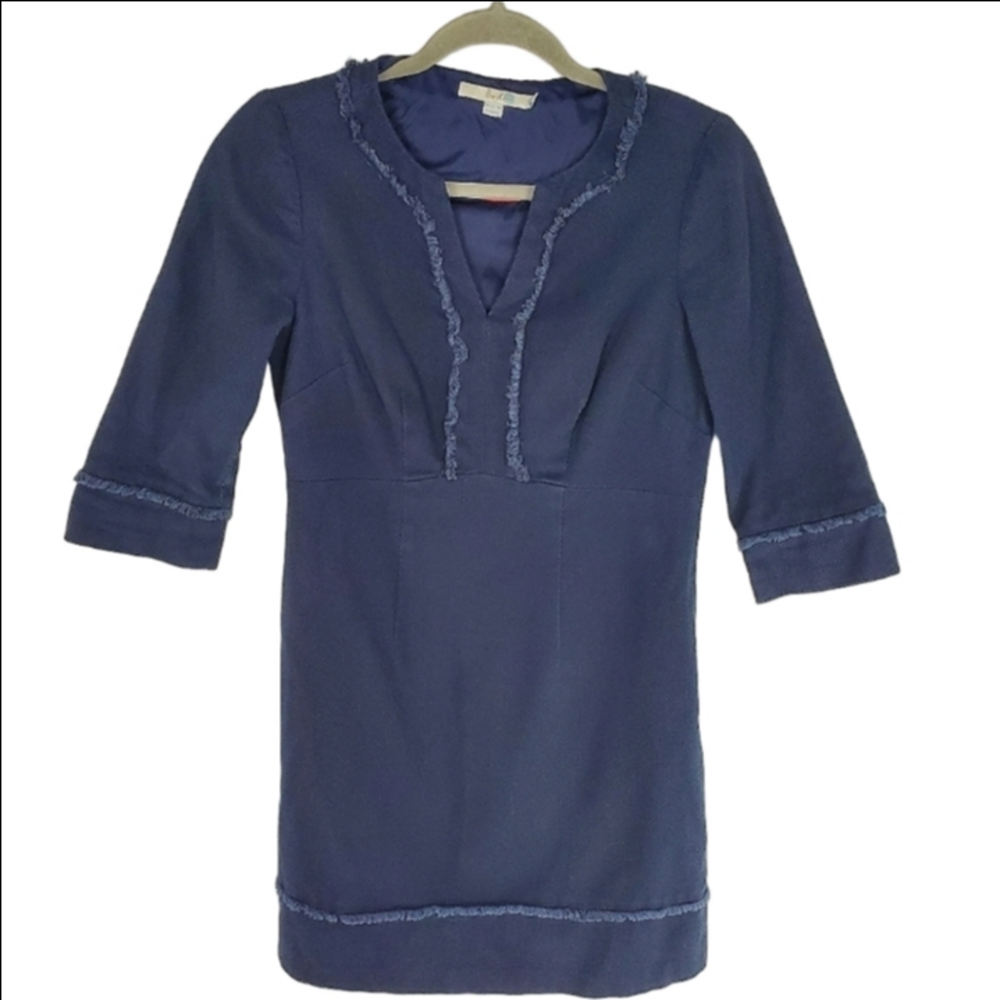 Boden navy blue waffle textured fringe detailed shift dress size 4P - Picture 1 of 8